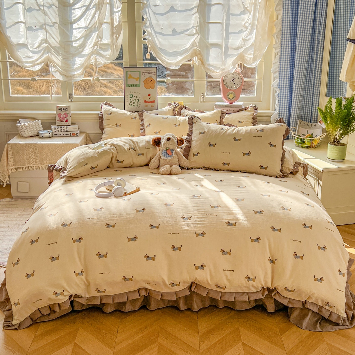 91家纺网 家纺一手货源 找家纺 美梦家纺 2026春夏新款云感皱皱纱床盖四件套 俏皮狗