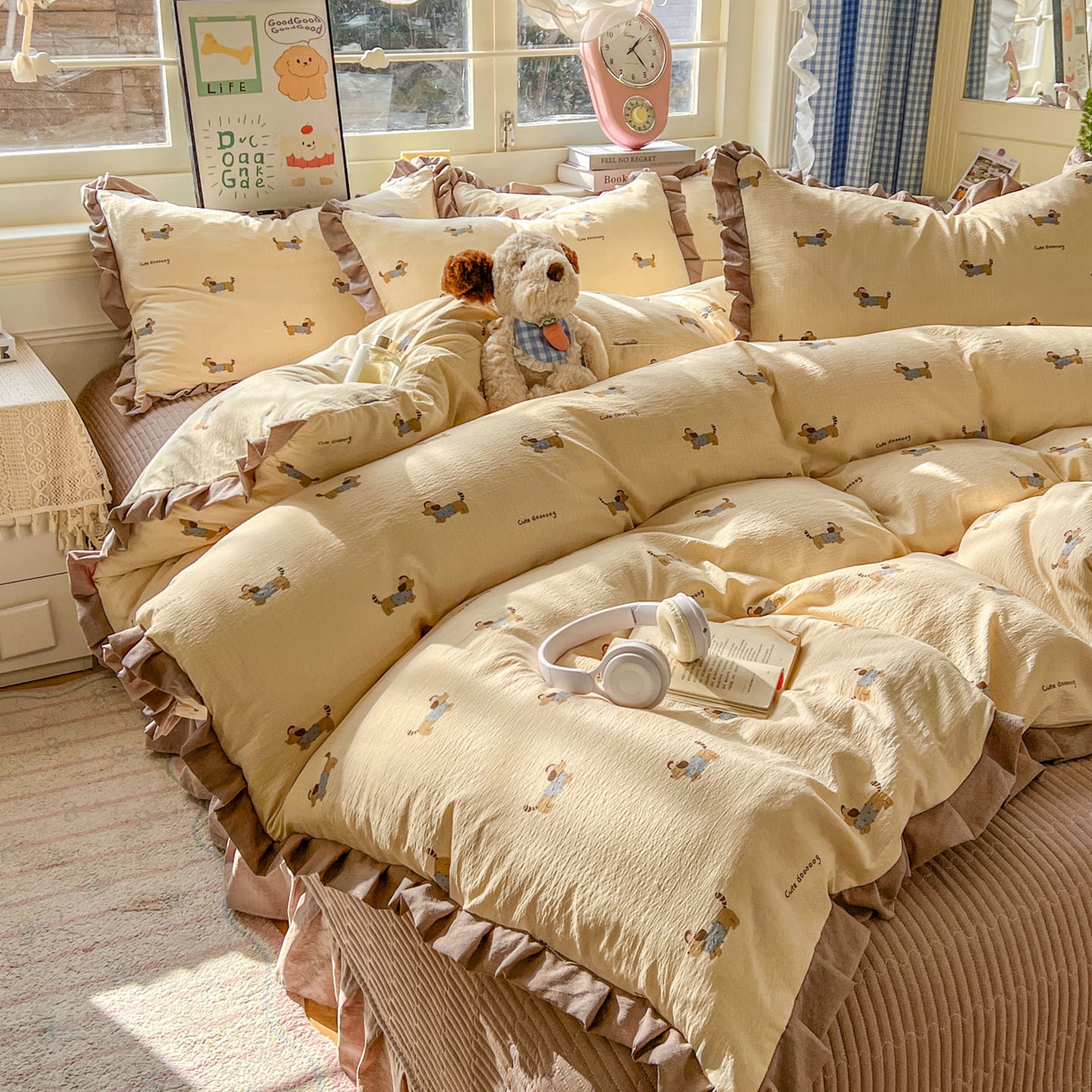 91家纺网 家纺一手货源 找家纺 美梦家纺 2026春夏新款云感皱皱纱床盖四件套 俏皮狗