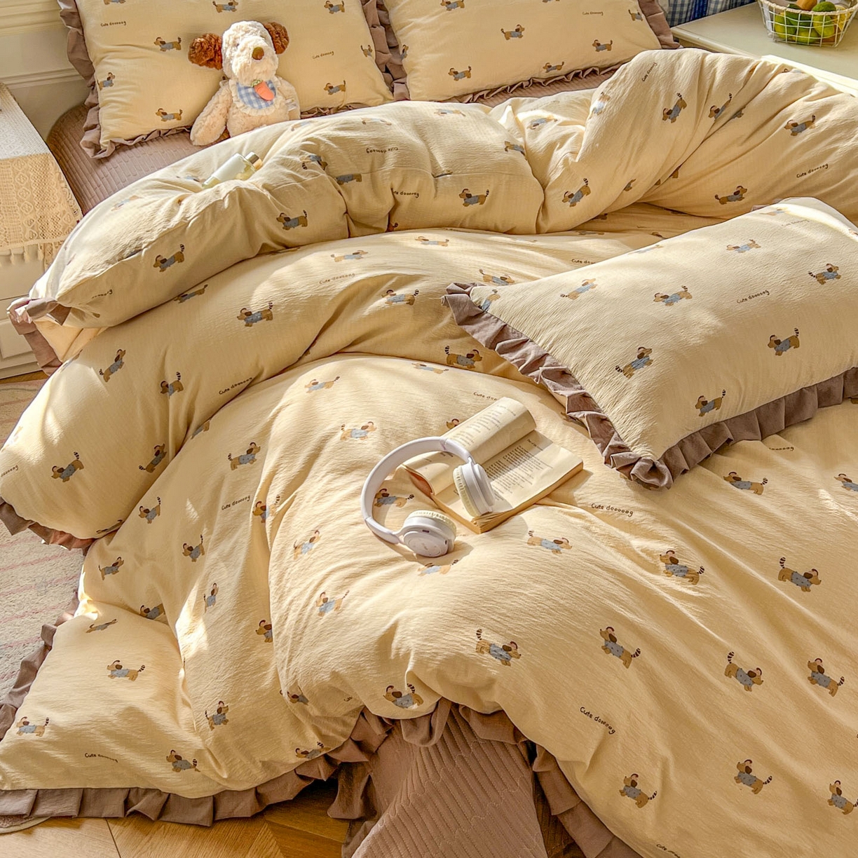 91家纺网 家纺一手货源 找家纺 美梦家纺 2026春夏新款云感皱皱纱床盖四件套 俏皮狗