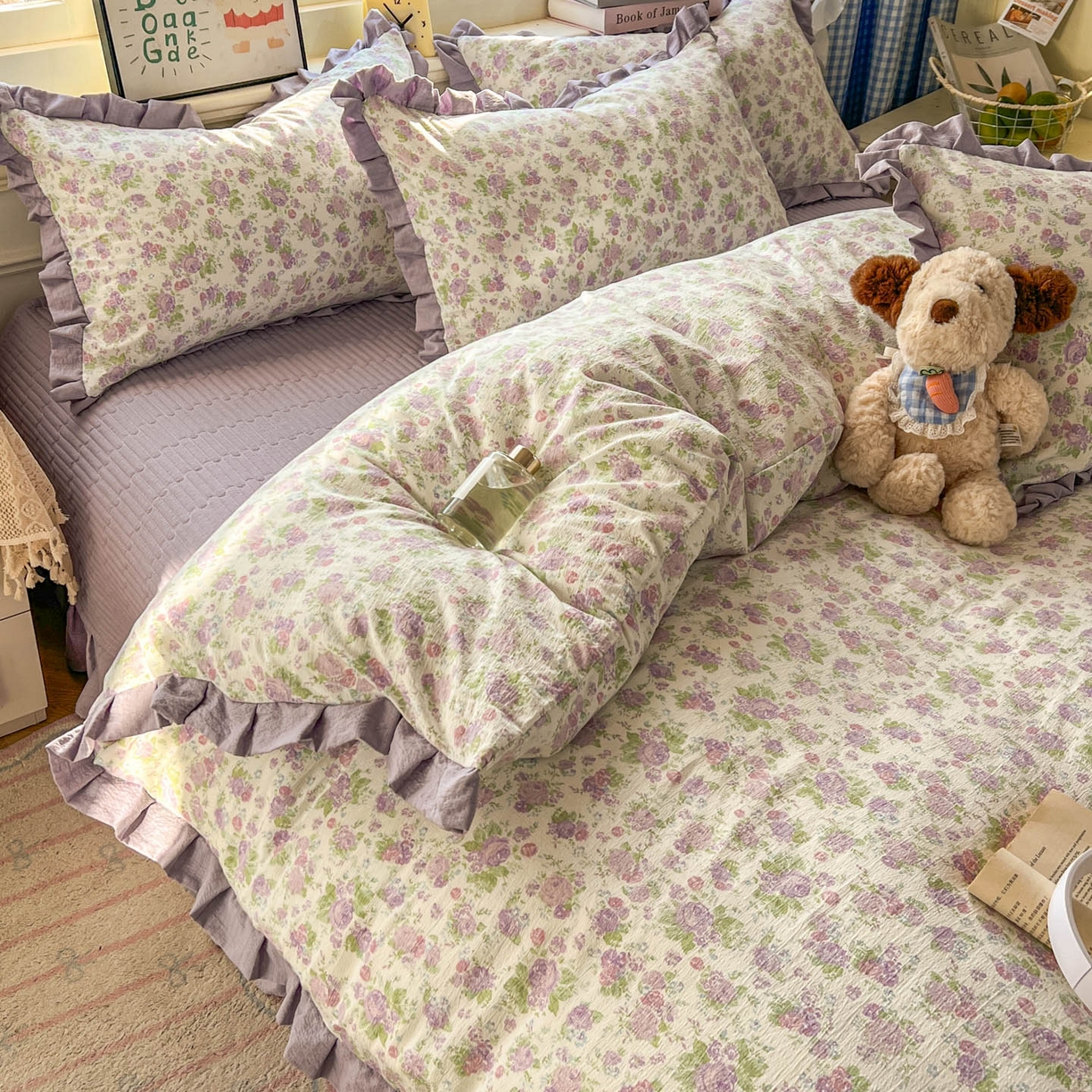 91家纺网 家纺一手货源 找家纺 美梦家纺 2026春夏新款云感皱皱纱床盖四件套 枝语花繁