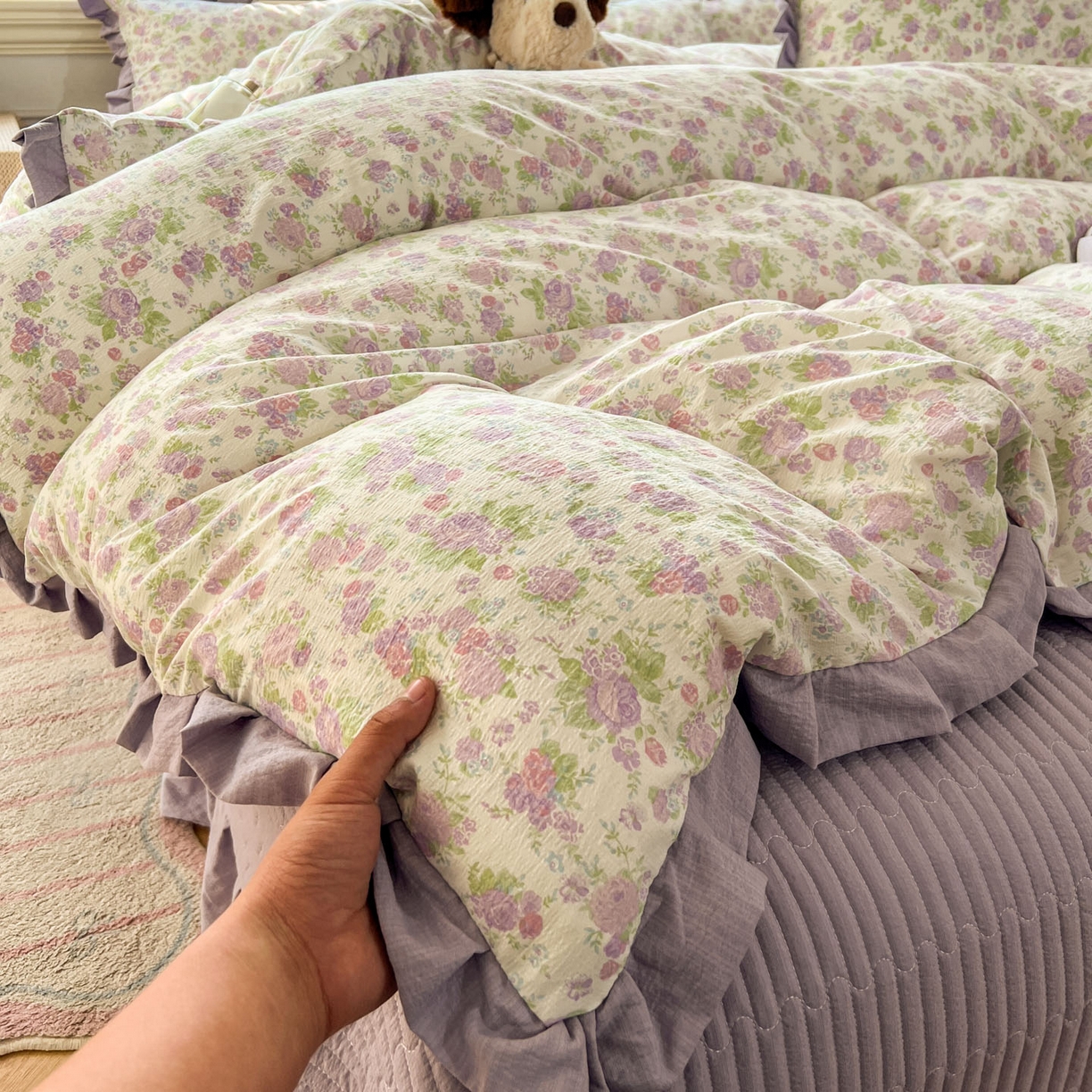 91家纺网 家纺一手货源 找家纺 美梦家纺 2026春夏新款云感皱皱纱床盖四件套 枝语花繁