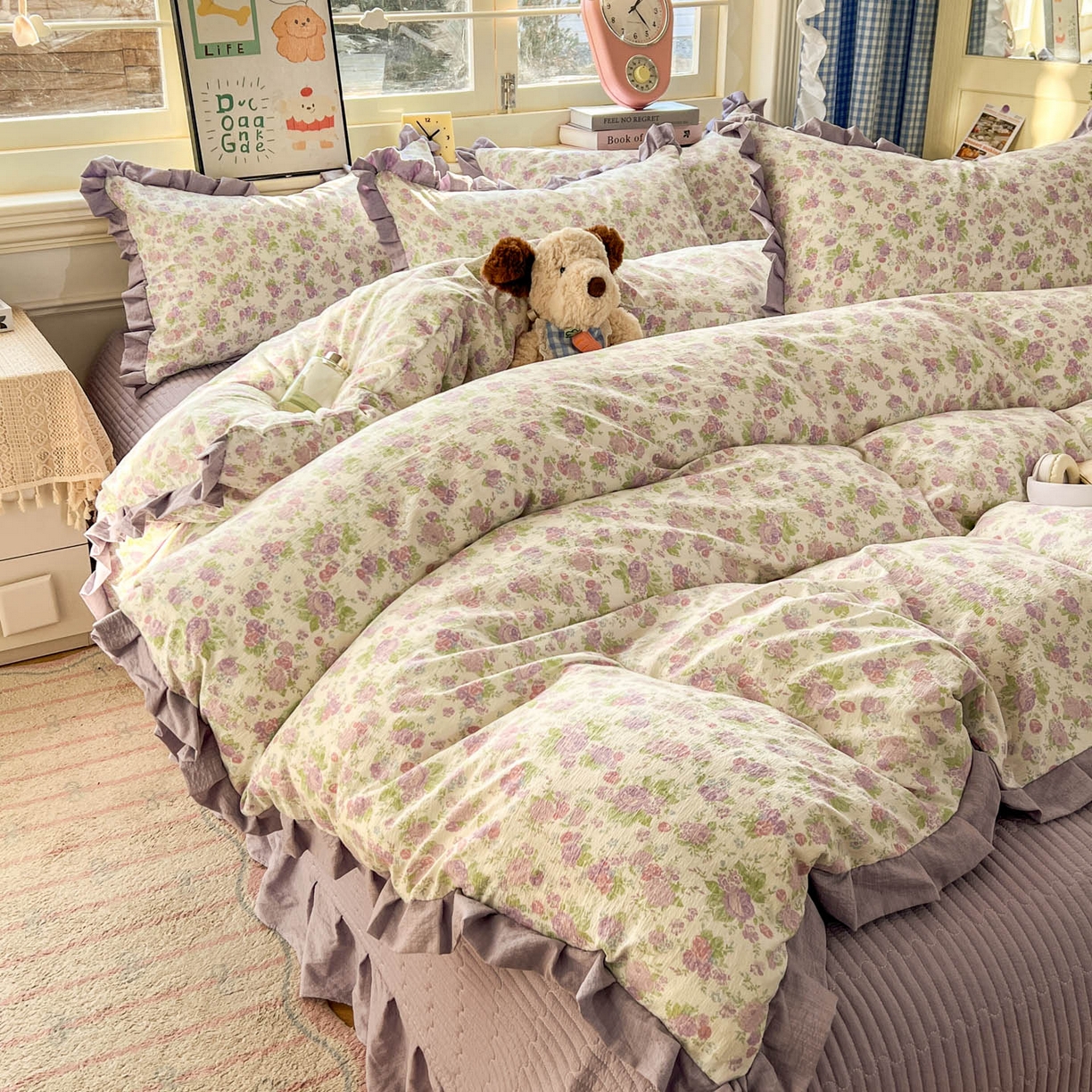 91家纺网 家纺一手货源 找家纺 美梦家纺 2026春夏新款云感皱皱纱床盖四件套 枝语花繁