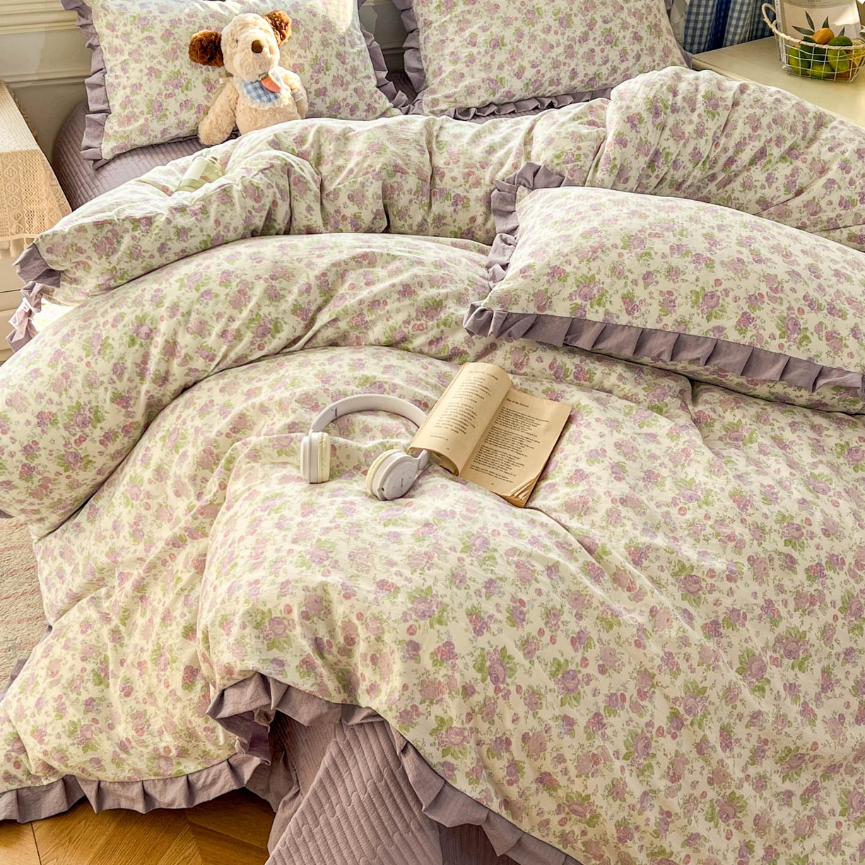 91家纺网 家纺一手货源 找家纺 美梦家纺 2026春夏新款云感皱皱纱床盖四件套 枝语花繁