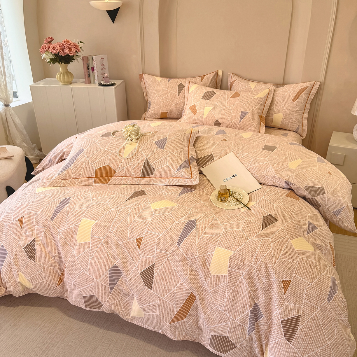 91家纺网 家纺一手货源 找家纺 壹贝家纺 2026新款全棉磨毛四件套系列 记忆碎片-咖