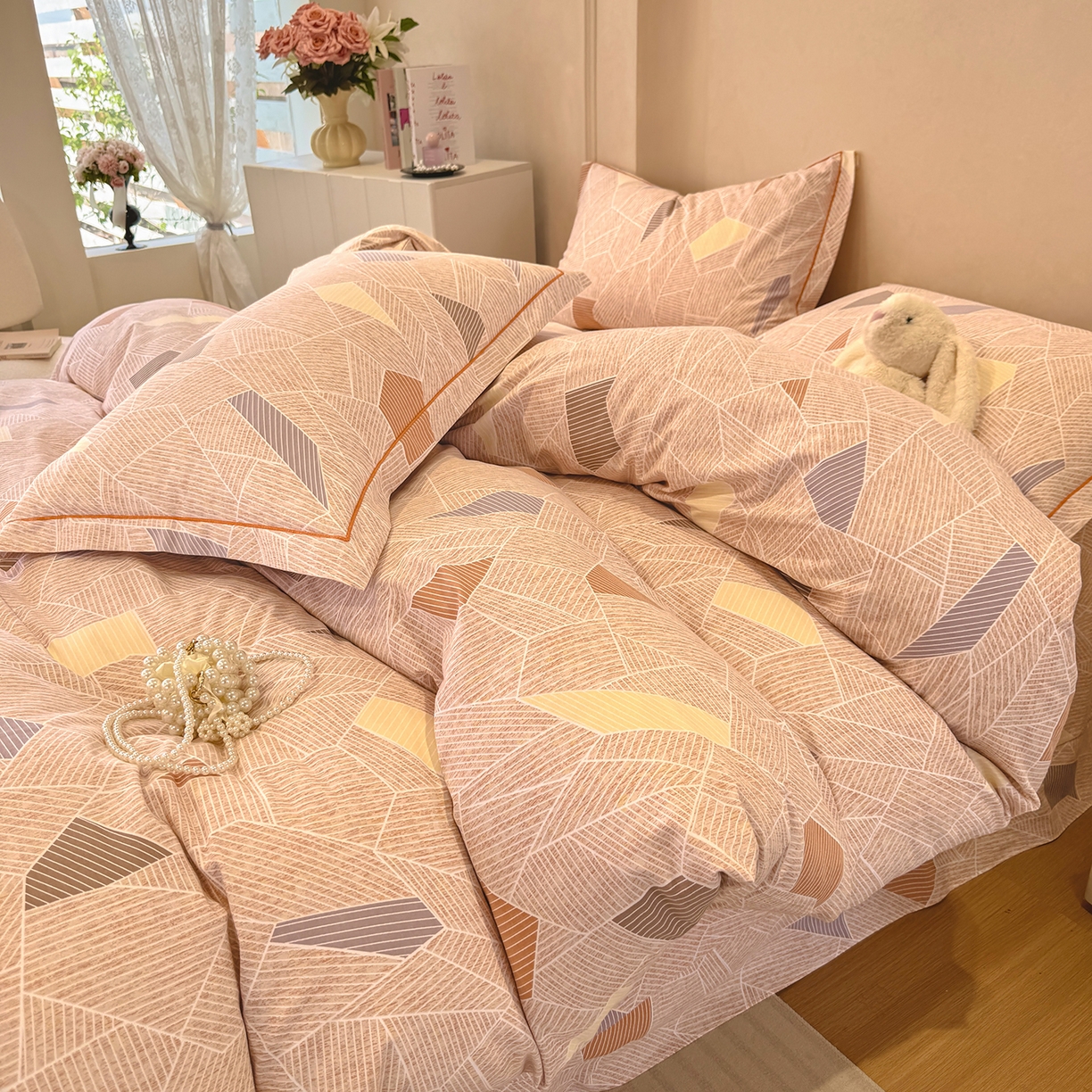 91家纺网 家纺一手货源 找家纺 壹贝家纺 2026新款全棉磨毛四件套系列 记忆碎片-咖