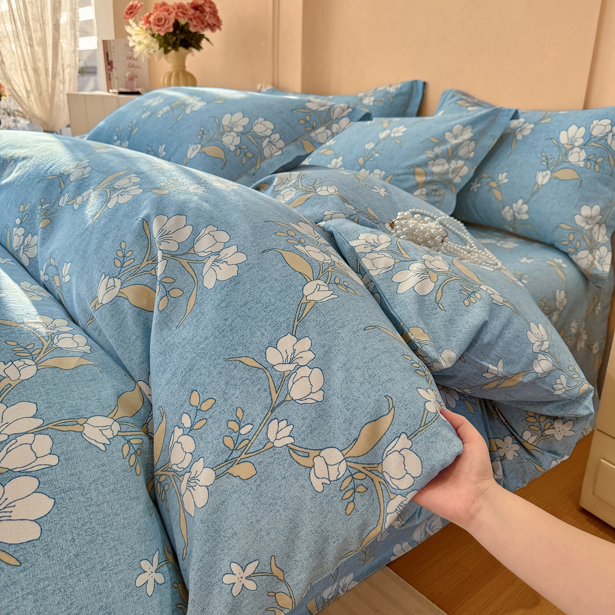 91家纺网 家纺一手货源 找家纺 壹贝家纺 2026新款全棉磨毛四件套系列 蓝莲花