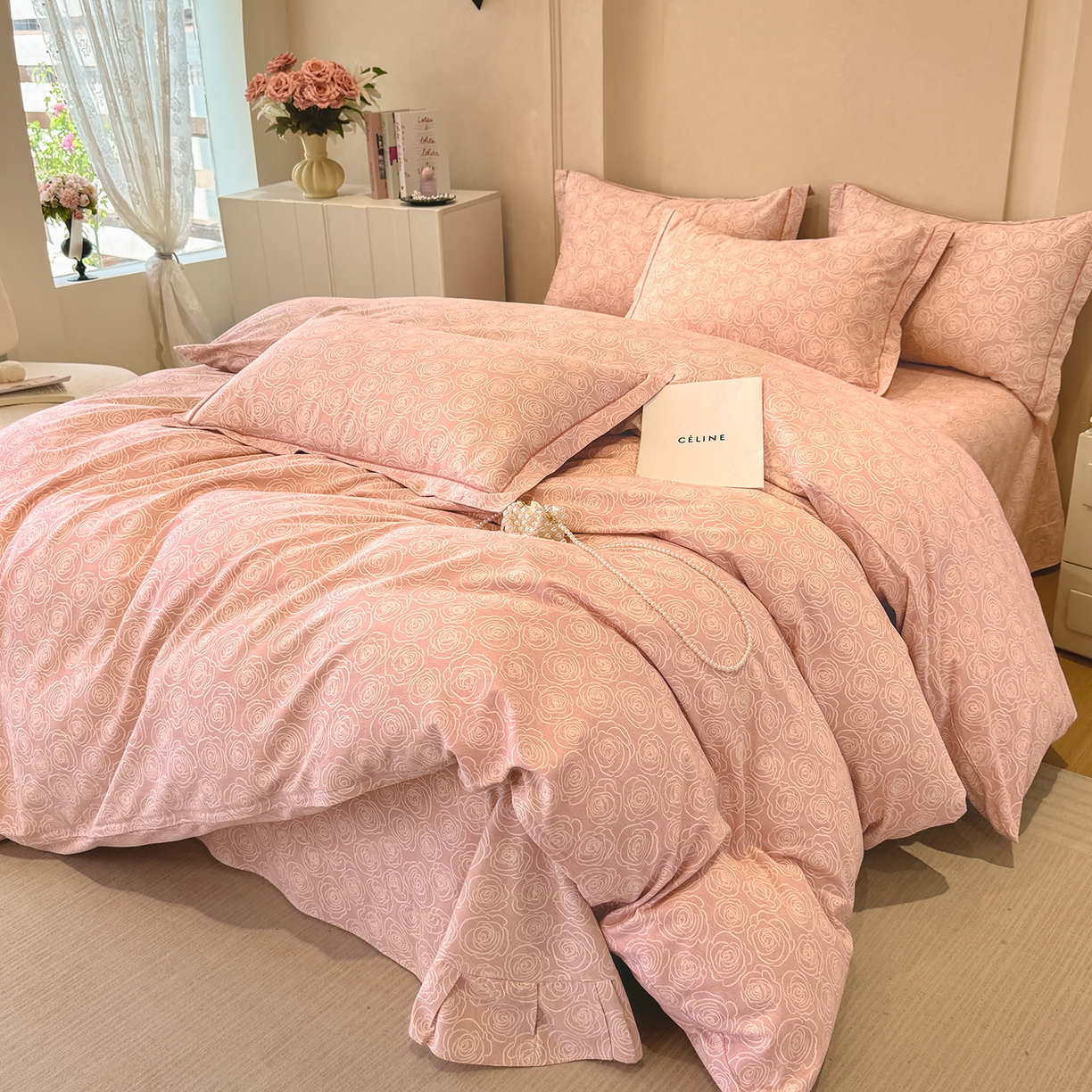 91家纺网 家纺一手货源 找家纺 壹贝家纺 2026新款全棉磨毛四件套系列 玫瑰情缘-粉