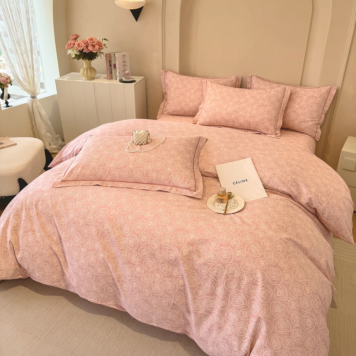 91家纺网 家纺一手货源 找家纺 壹贝家纺 2026新款全棉磨毛四件套系列 玫瑰情缘-粉