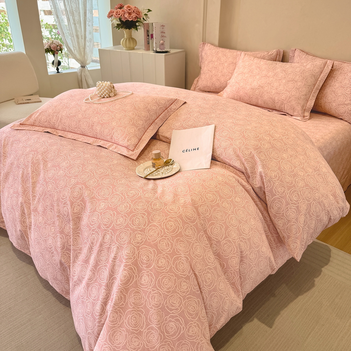 91家纺网 家纺一手货源 找家纺 壹贝家纺 2026新款全棉磨毛四件套系列 玫瑰情缘-粉