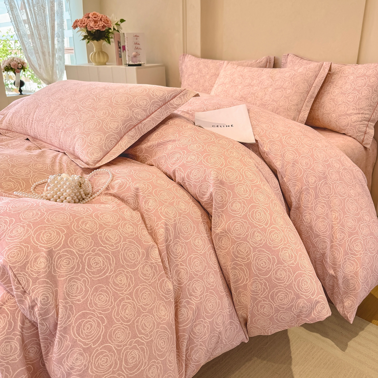 91家纺网 家纺一手货源 找家纺 壹贝家纺 2026新款全棉磨毛四件套系列 玫瑰情缘-粉