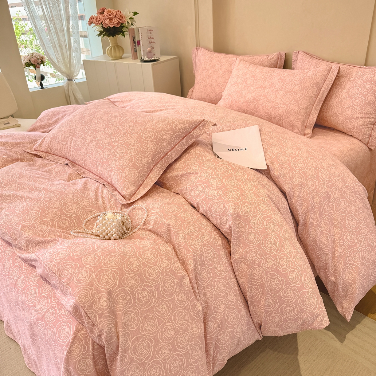 91家纺网 家纺一手货源 找家纺 壹贝家纺 2026新款全棉磨毛四件套系列 玫瑰情缘-粉