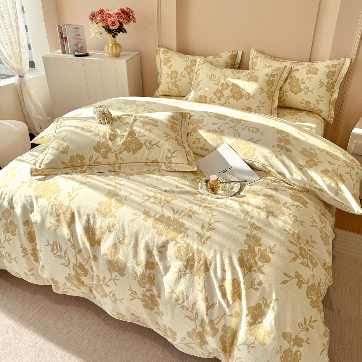 91家纺网 家纺一手货源 找家纺 壹贝家纺 2026新款全棉磨毛四件套系列 梅花印-黄