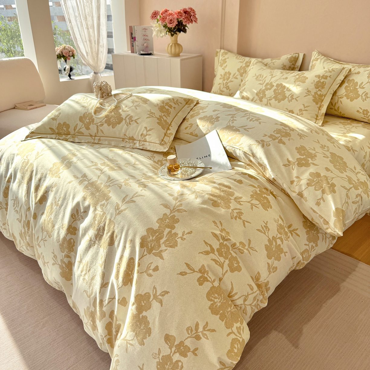 91家纺网 家纺一手货源 找家纺 壹贝家纺 2026新款全棉磨毛四件套系列 梅花印-黄