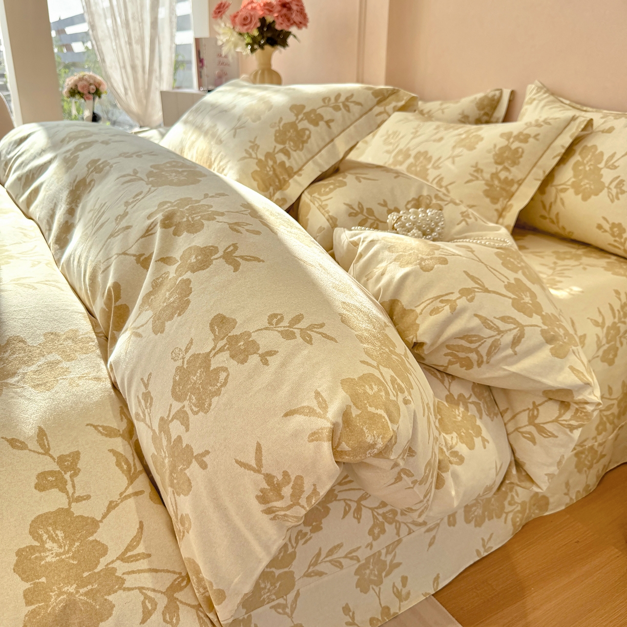 91家纺网 家纺一手货源 找家纺 壹贝家纺 2026新款全棉磨毛四件套系列 梅花印-黄