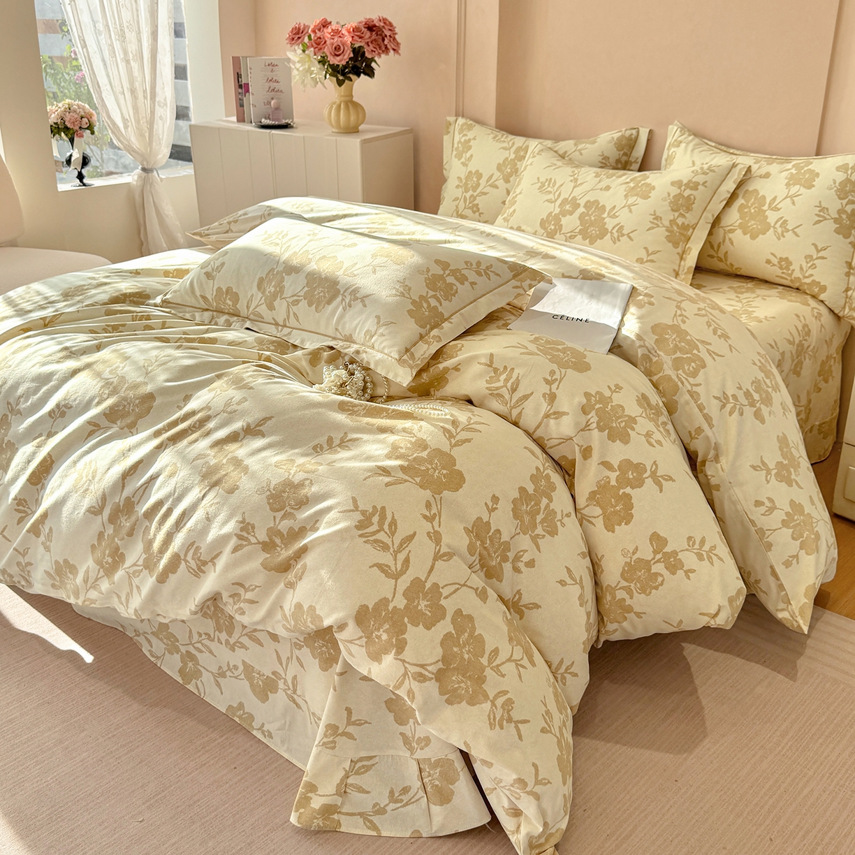 91家纺网 家纺一手货源 找家纺 壹贝家纺 2026新款全棉磨毛四件套系列 梅花印-黄