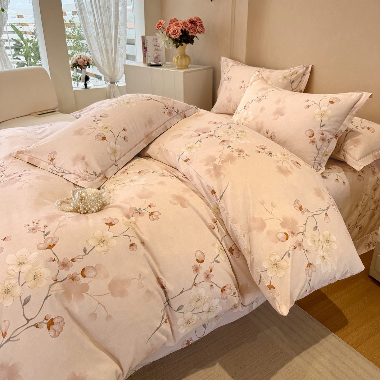 91家纺网 家纺一手货源 找家纺 壹贝家纺 2026新款全棉磨毛四件套系列 十里桃花