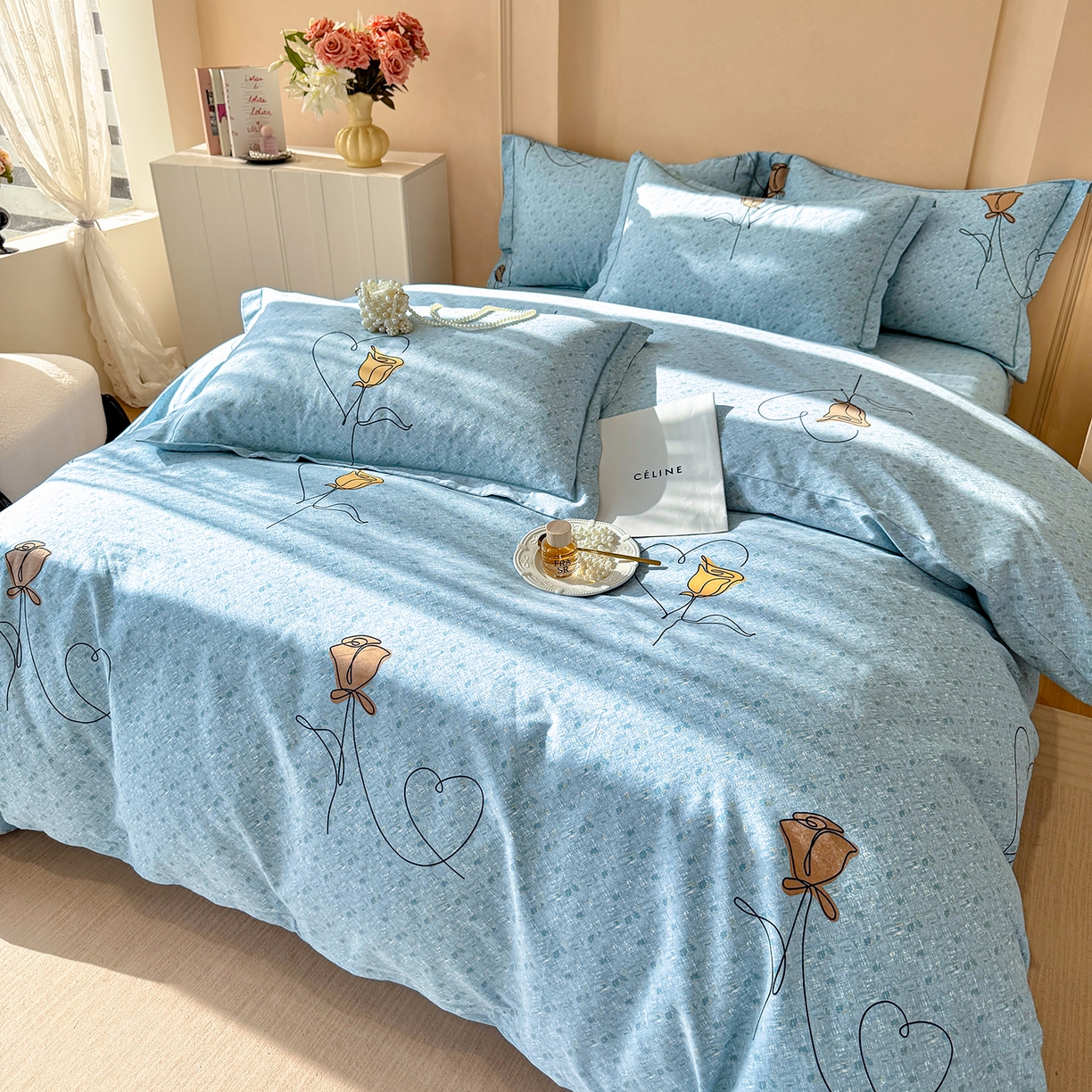 91家纺网 家纺一手货源 找家纺 壹贝家纺 2026新款全棉磨毛四件套系列 小香玉-蓝