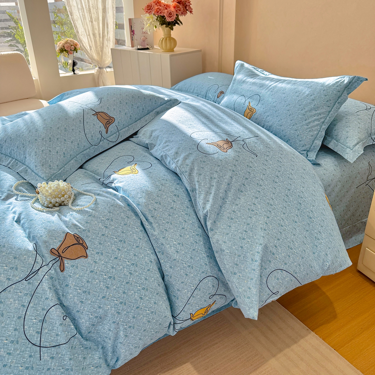 91家纺网 家纺一手货源 找家纺 壹贝家纺 2026新款全棉磨毛四件套系列 小香玉-蓝