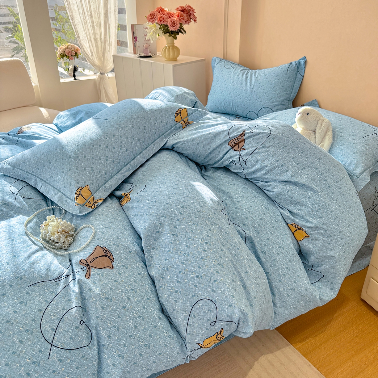 91家纺网 家纺一手货源 找家纺 壹贝家纺 2026新款全棉磨毛四件套系列 小香玉-蓝