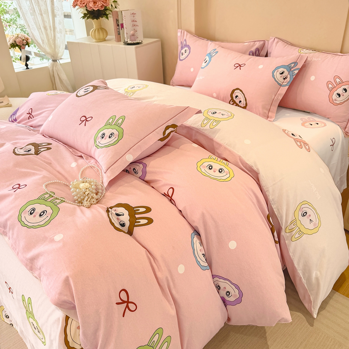 91家纺网 家纺一手货源 找家纺 壹贝家纺 2026新款全棉磨毛四件套系列 lbb粉