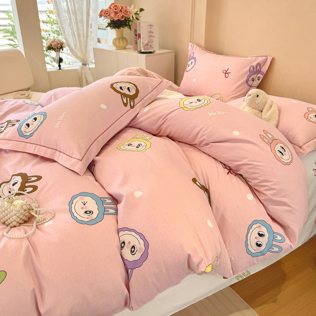 91家纺网 家纺一手货源 找家纺 壹贝家纺 2026新款全棉磨毛四件套系列 lbb粉