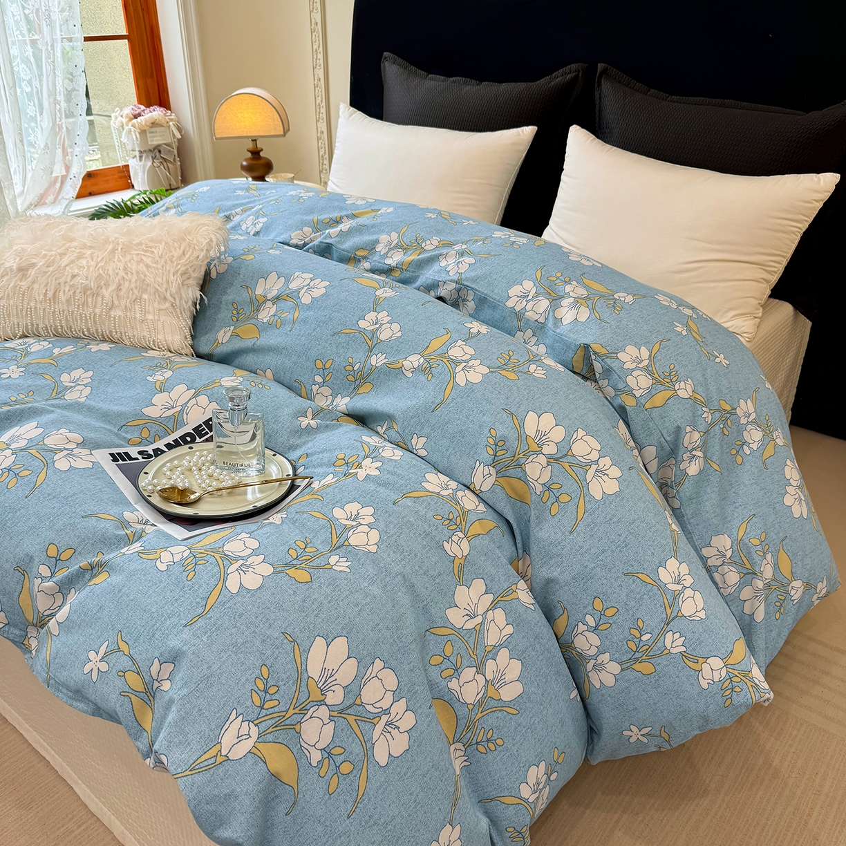 91家纺网 家纺一手货源 找家纺 壹贝家纺 2026新款全棉磨毛单品被套系列 蓝莲花