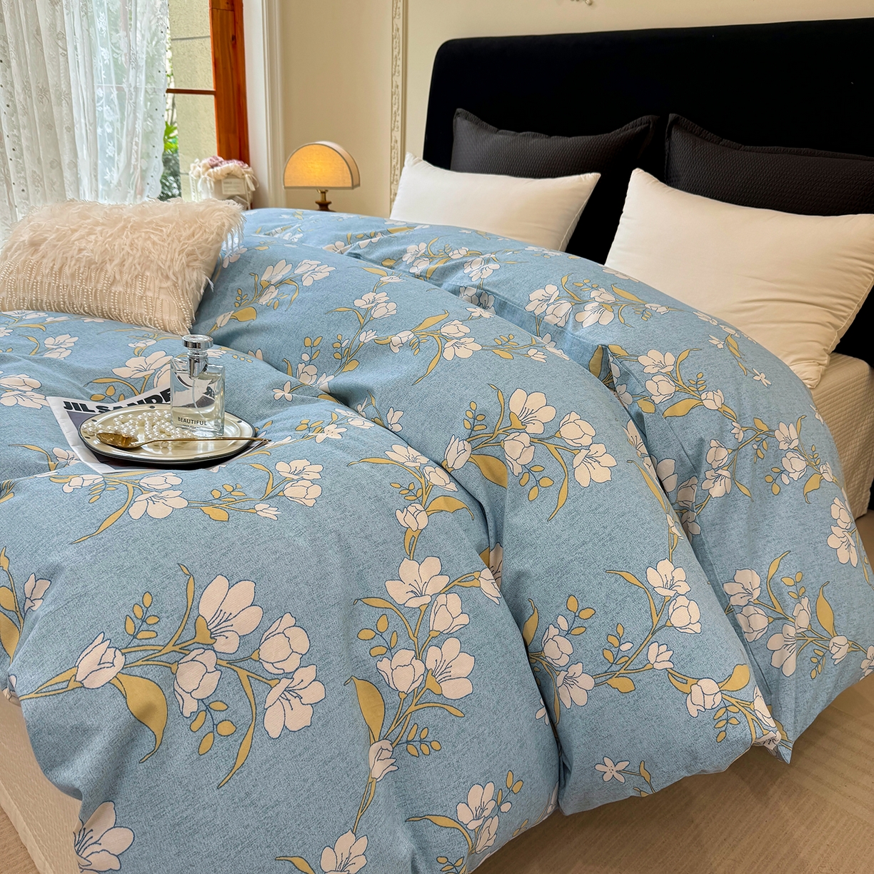 91家纺网 家纺一手货源 找家纺 壹贝家纺 2026新款全棉磨毛单品被套系列 蓝莲花