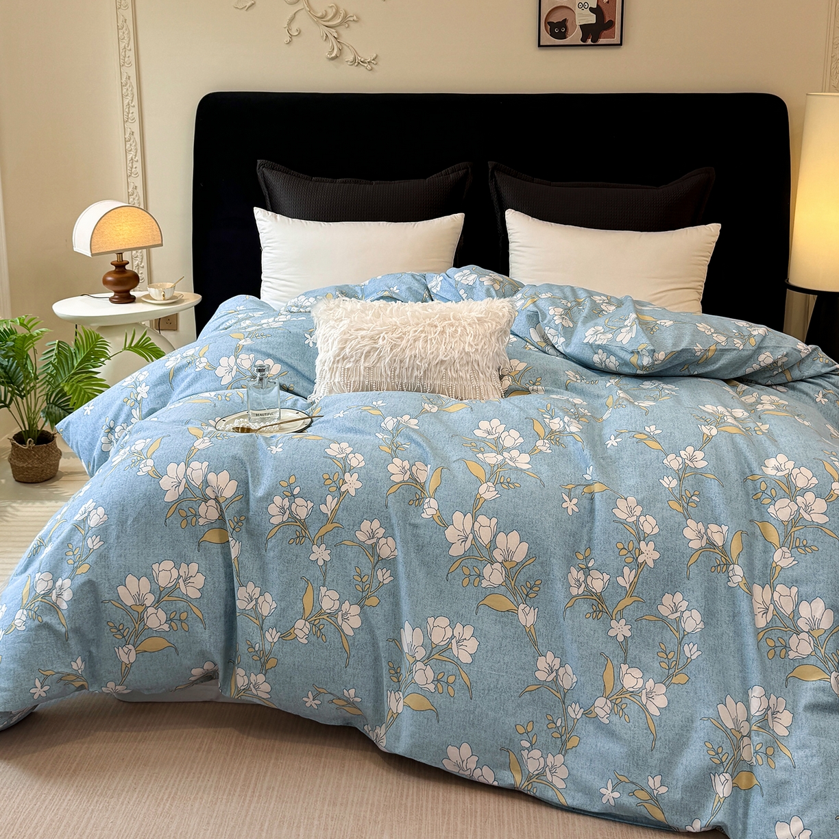 91家纺网 家纺一手货源 找家纺 壹贝家纺 2026新款全棉磨毛单品被套系列 蓝莲花