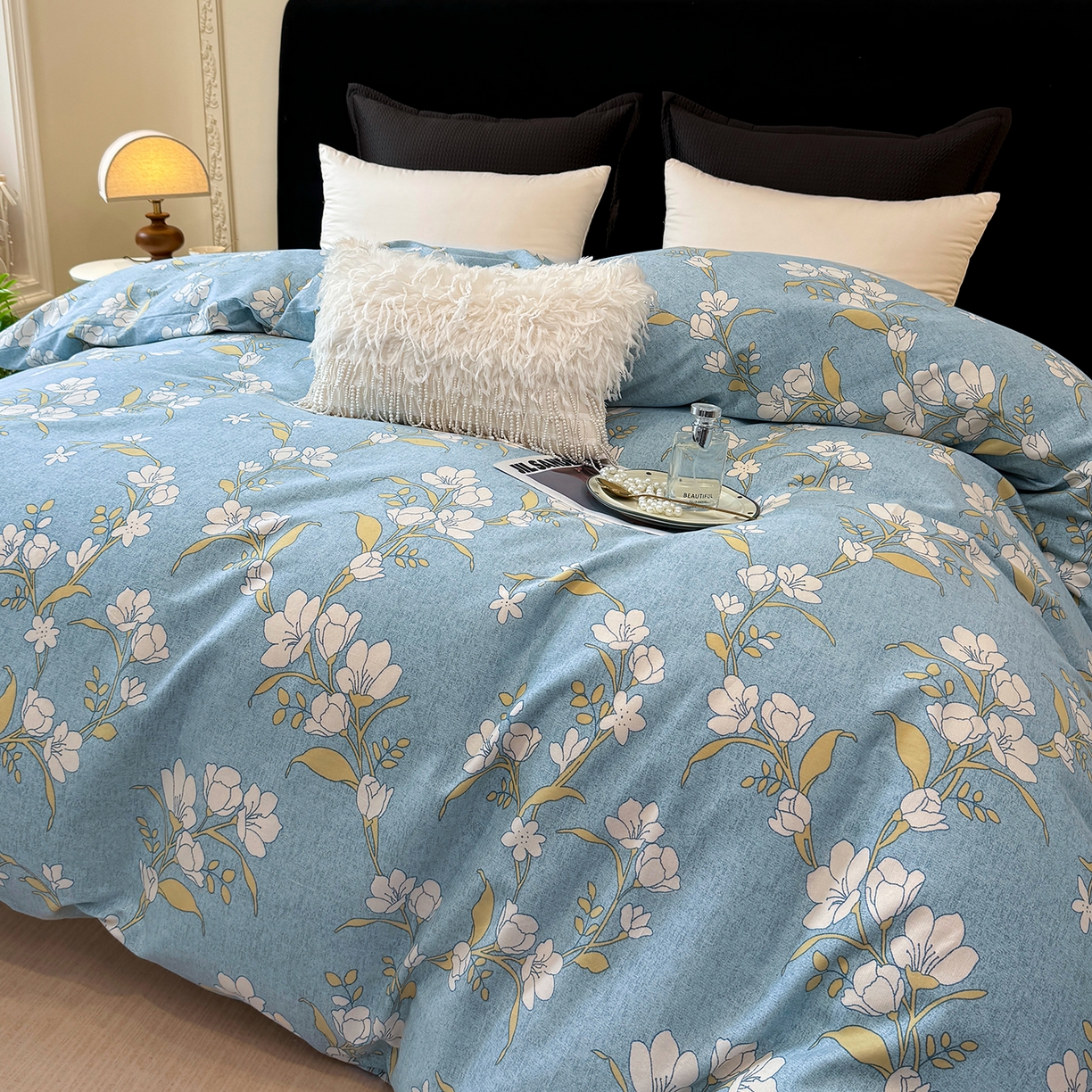 91家纺网 家纺一手货源 找家纺 壹贝家纺 2026新款全棉磨毛单品被套系列 蓝莲花