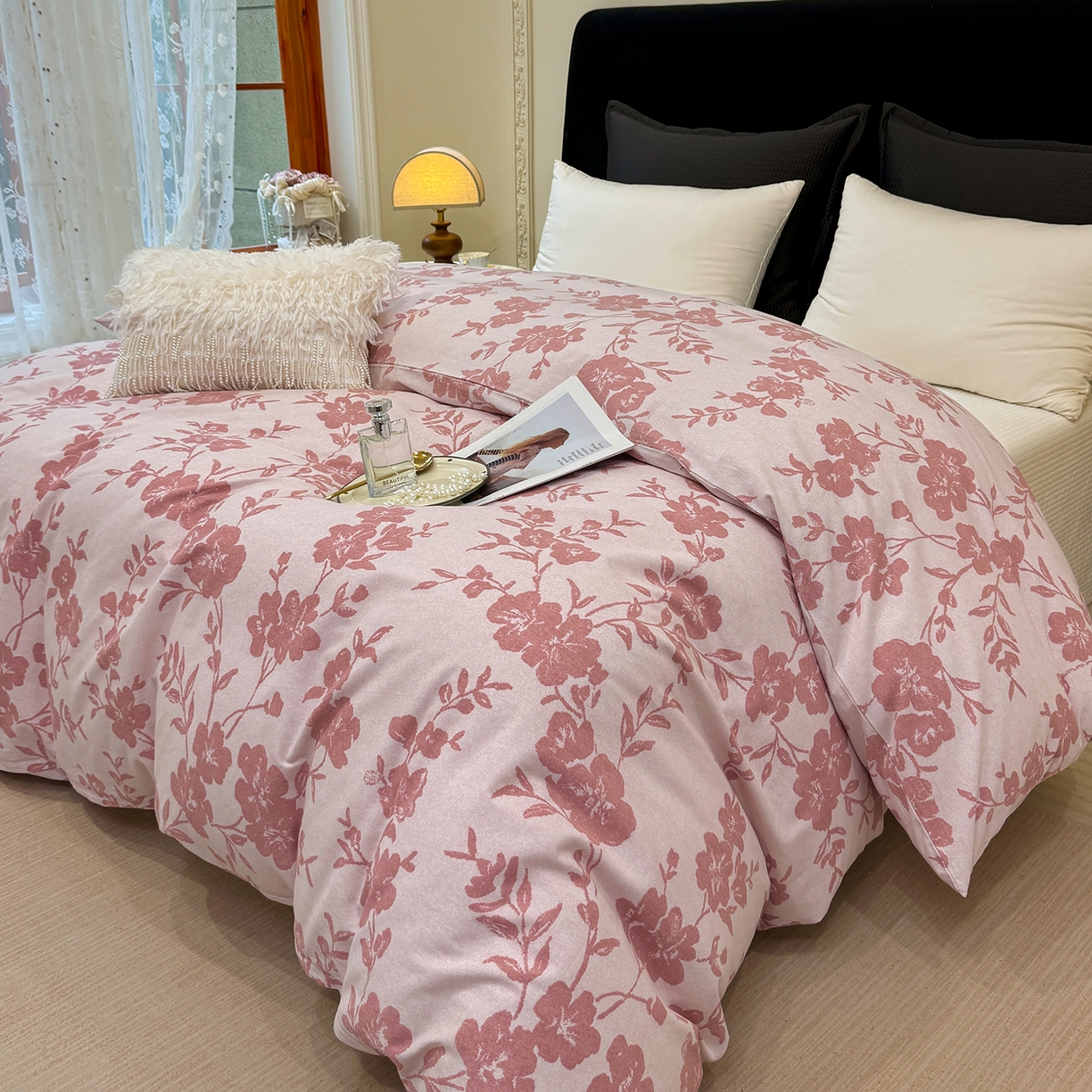 91家纺网 家纺一手货源 找家纺 壹贝家纺 2026新款全棉磨毛单品被套系列 梅花印-粉