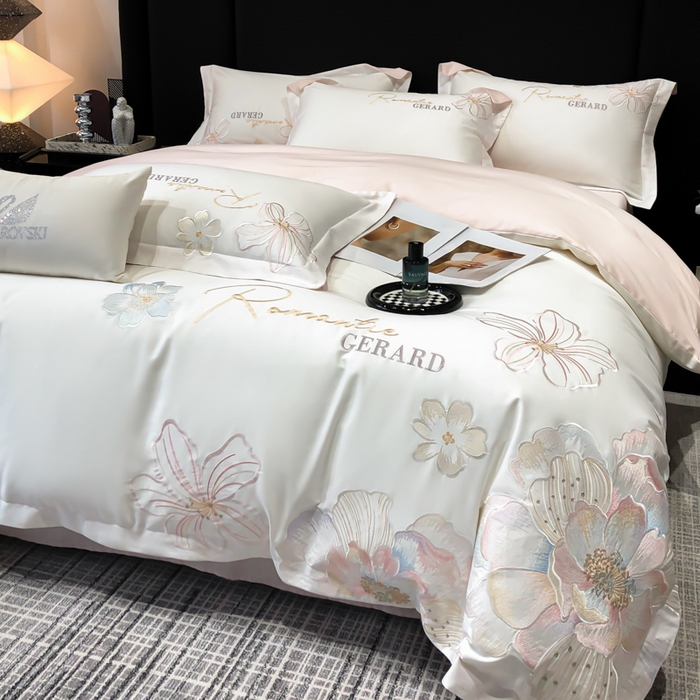 91家纺网 家纺一手货源 找家纺 木子家纺 2026新款A类50S贡缎长绒棉纯棉四件套-花漾 花漾-白拼粉-A类贡缎长绒棉