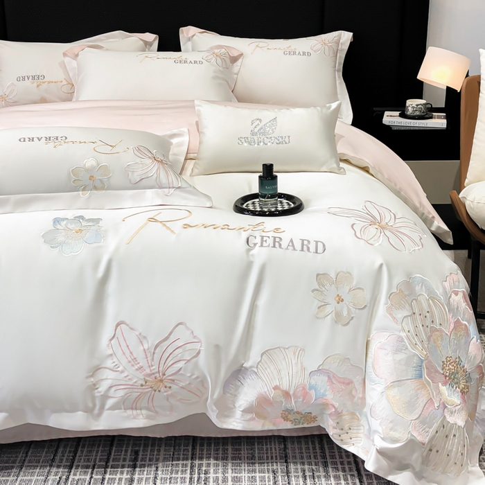 91家纺网 家纺一手货源 找家纺 木子家纺 2026新款A类50S贡缎长绒棉纯棉四件套-花漾 花漾-白拼粉-A类贡缎长绒棉