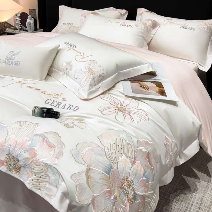 91家纺网 家纺一手货源 找家纺 木子家纺 2026新款A类50S贡缎长绒棉纯棉四件套-花漾 花漾-白拼粉-A类贡缎长绒棉