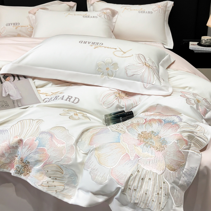 91家纺网 家纺一手货源 找家纺 木子家纺 2026新款A类50S贡缎长绒棉纯棉四件套-花漾 花漾-白拼粉-A类贡缎长绒棉