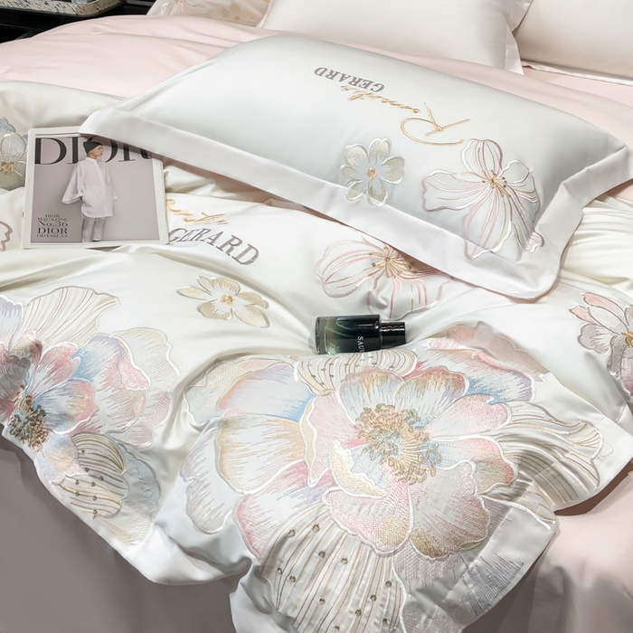 91家纺网 家纺一手货源 找家纺 木子家纺 2026新款A类50S贡缎长绒棉纯棉四件套-花漾 花漾-白拼粉-A类贡缎长绒棉