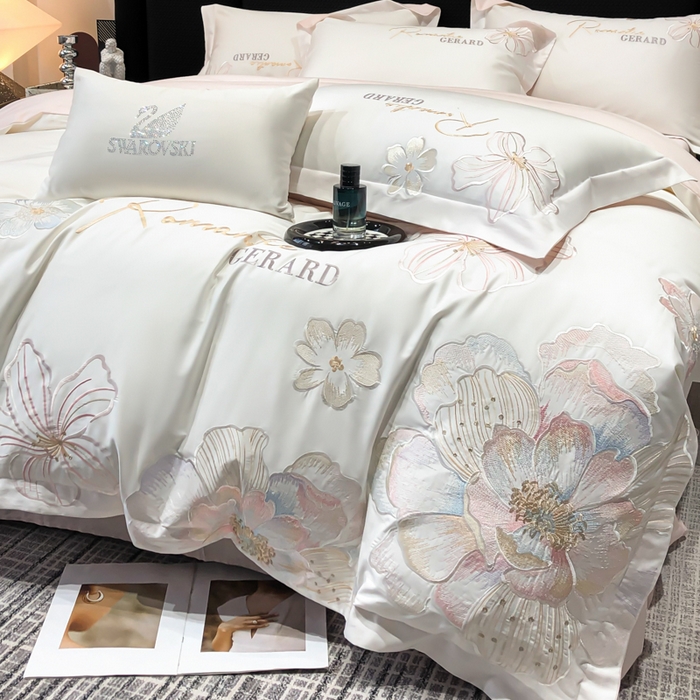 91家纺网 家纺一手货源 找家纺 木子家纺 2026新款A类50S贡缎长绒棉纯棉四件套-花漾 花漾-白拼粉-A类贡缎长绒棉