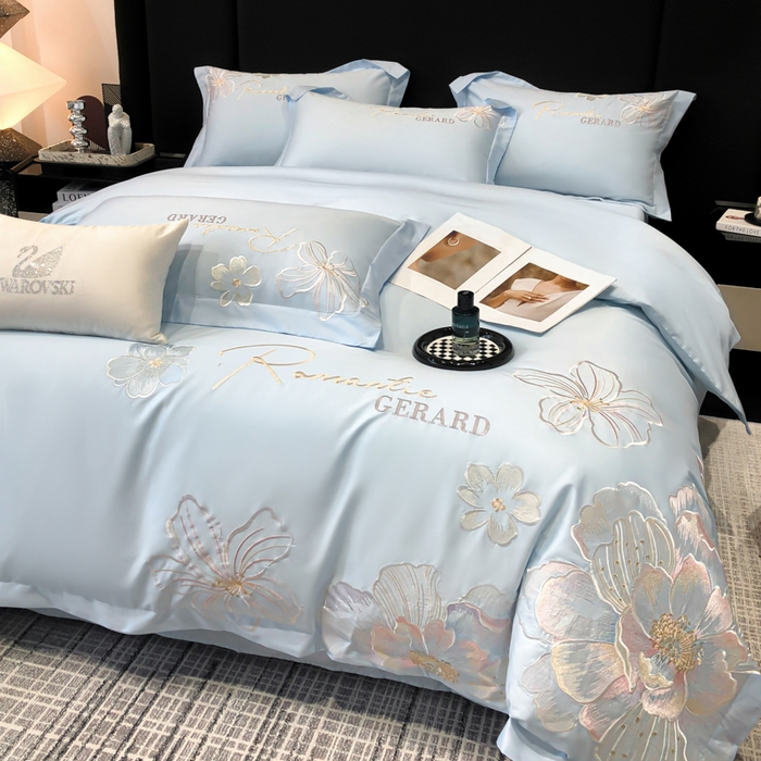 91家纺网 家纺一手货源 找家纺 木子家纺 2026新款A类50S贡缎长绒棉纯棉四件套-花漾 花漾-蒂芙尼蓝-A类贡缎长绒棉