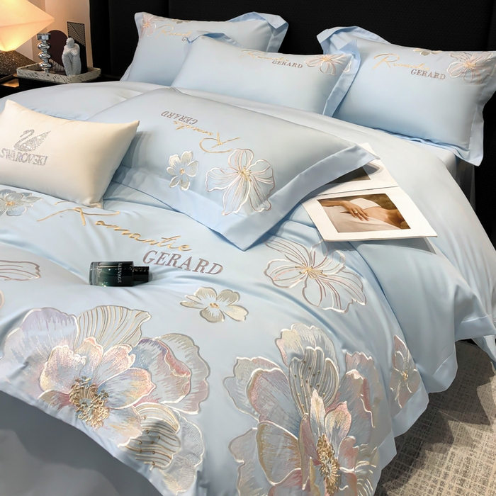 91家纺网 家纺一手货源 找家纺 木子家纺 2026新款A类50S贡缎长绒棉纯棉四件套-花漾 花漾-蒂芙尼蓝-A类贡缎长绒棉