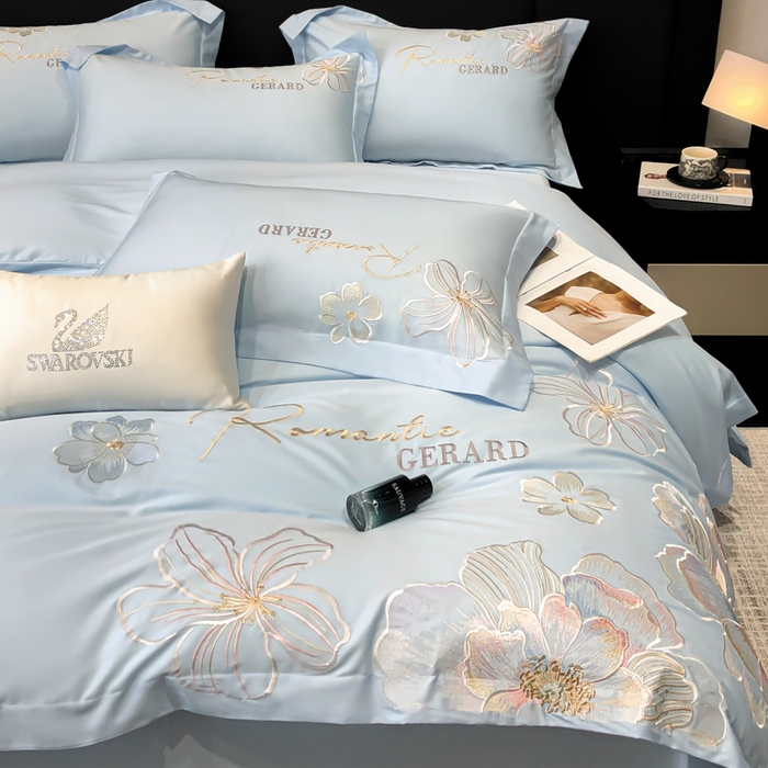 91家纺网 家纺一手货源 找家纺 木子家纺 2026新款A类50S贡缎长绒棉纯棉四件套-花漾 花漾-蒂芙尼蓝-A类贡缎长绒棉