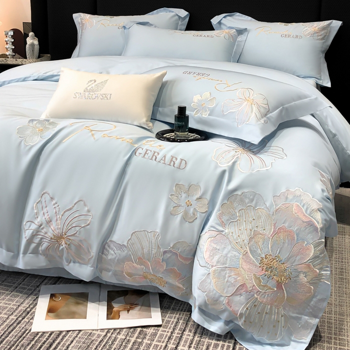 91家纺网 家纺一手货源 找家纺 木子家纺 2026新款A类50S贡缎长绒棉纯棉四件套-花漾 花漾-蒂芙尼蓝-A类贡缎长绒棉