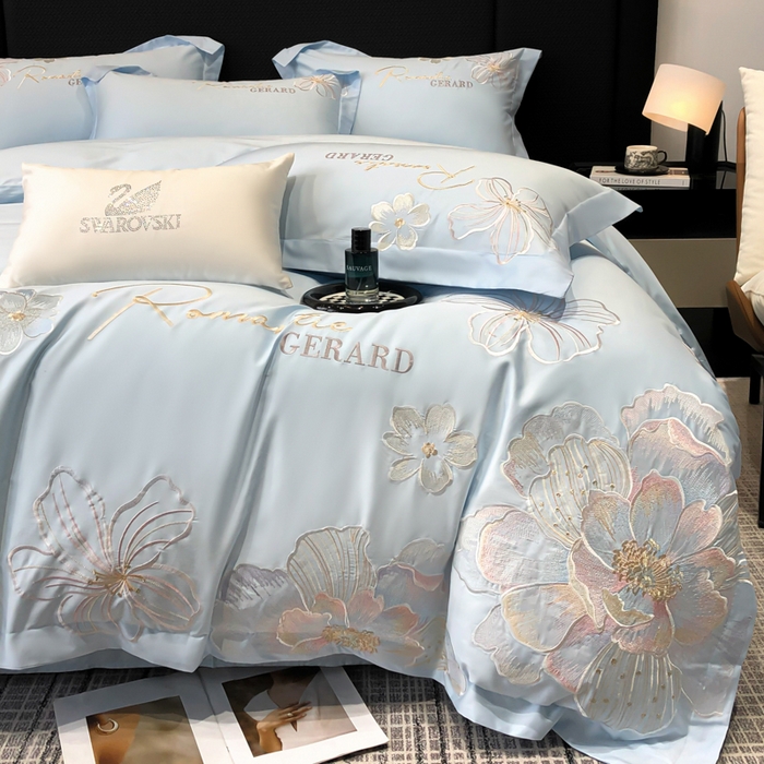 91家纺网 家纺一手货源 找家纺 木子家纺 2026新款A类50S贡缎长绒棉纯棉四件套-花漾 花漾-蒂芙尼蓝-A类贡缎长绒棉