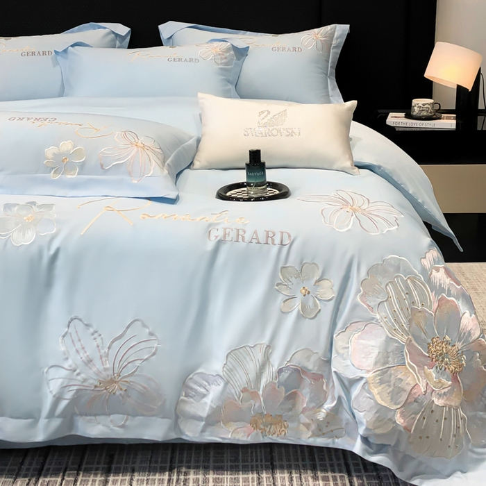 91家纺网 家纺一手货源 找家纺 木子家纺 2026新款A类50S贡缎长绒棉纯棉四件套-花漾 花漾-蒂芙尼蓝-A类贡缎长绒棉