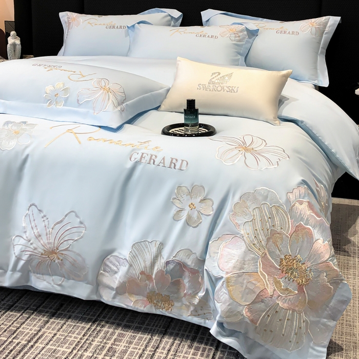 91家纺网 家纺一手货源 找家纺 木子家纺 2026新款A类50S贡缎长绒棉纯棉四件套-花漾 花漾-蒂芙尼蓝-A类贡缎长绒棉