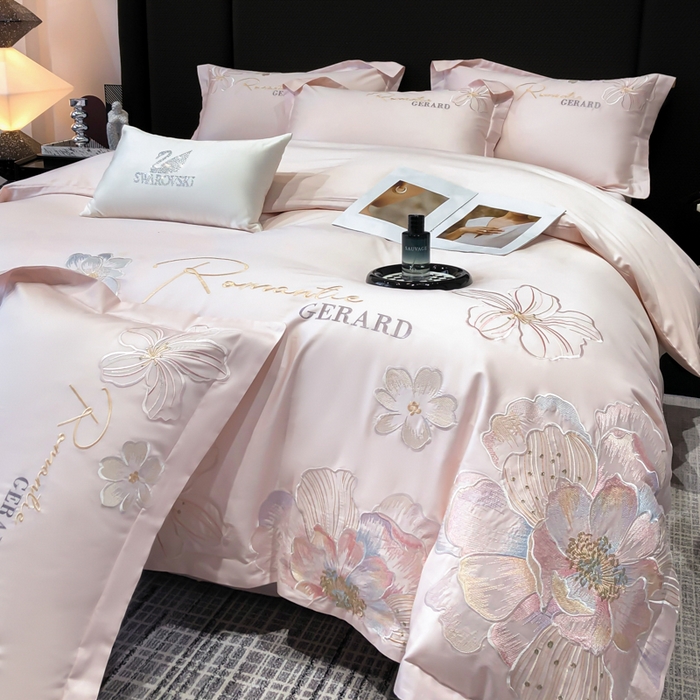 木子家纺 2026新款A类50S贡缎长绒棉纯棉四件套-花漾 花漾-桃花粉-A类贡缎长绒棉