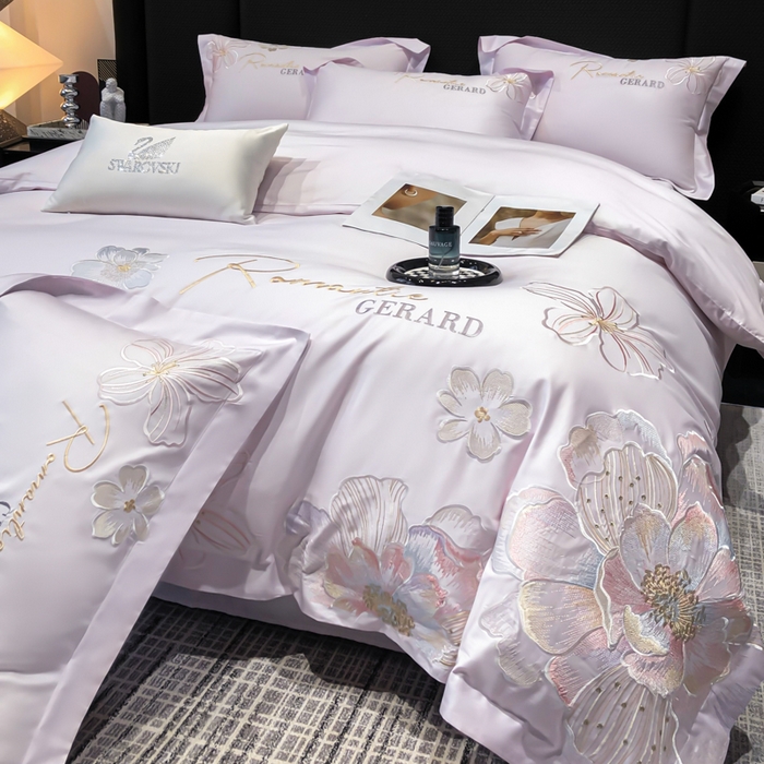 木子家纺 2026新款A类50S贡缎长绒棉纯棉四件套-花漾 花漾-香芋紫-A类贡缎长绒棉