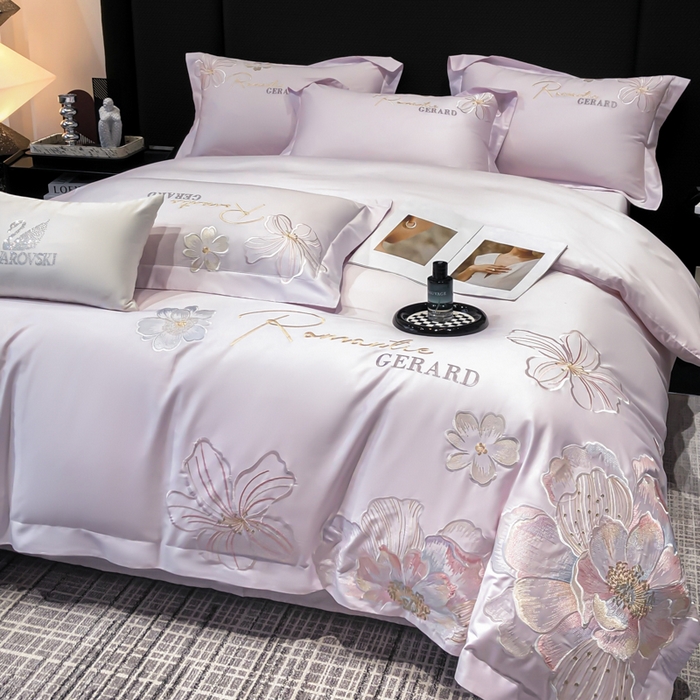 91家纺网 家纺一手货源 找家纺 木子家纺 2026新款A类50S贡缎长绒棉纯棉四件套-花漾 花漾-香芋紫-A类贡缎长绒棉