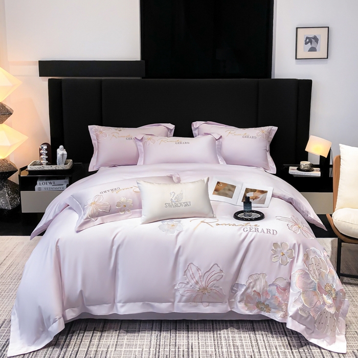 91家纺网 家纺一手货源 找家纺 木子家纺 2026新款A类50S贡缎长绒棉纯棉四件套-花漾 花漾-香芋紫-A类贡缎长绒棉