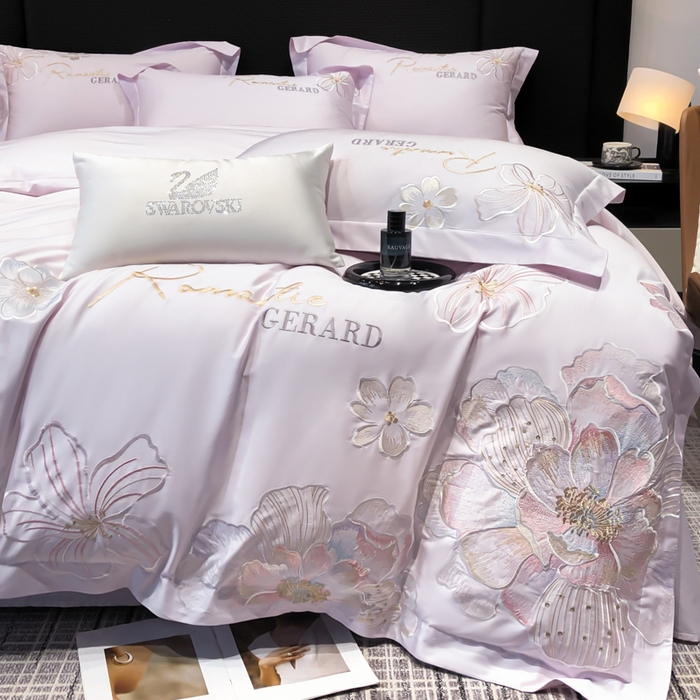 91家纺网 家纺一手货源 找家纺 木子家纺 2026新款A类50S贡缎长绒棉纯棉四件套-花漾 花漾-香芋紫-A类贡缎长绒棉