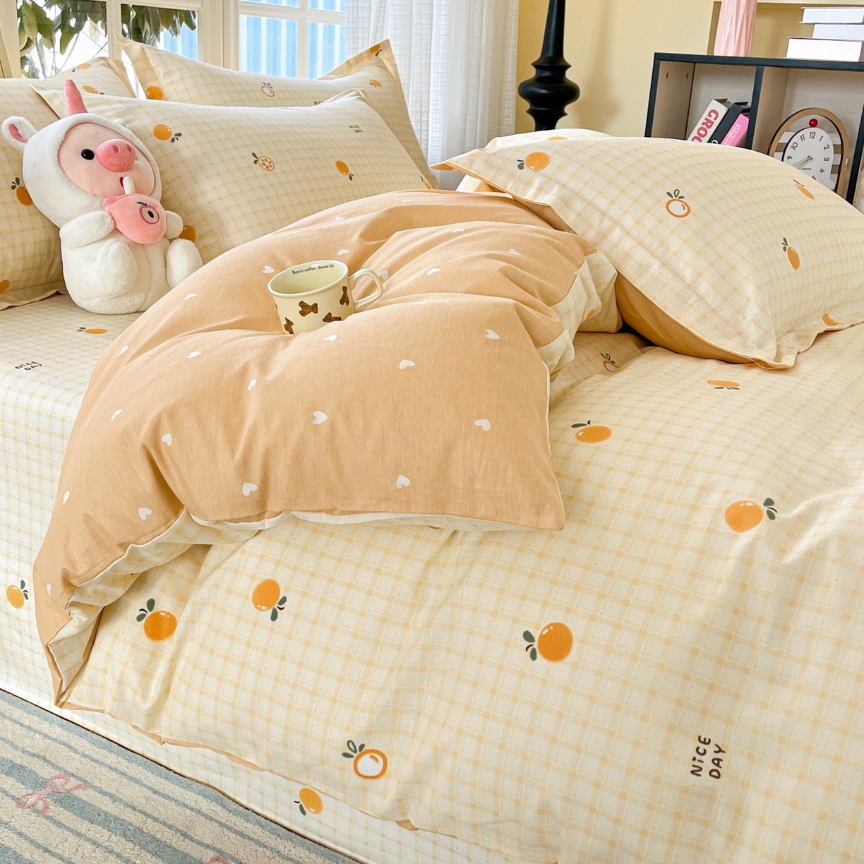 91家纺网 家纺一手货源 找家纺 铭成家纺 2026新款全棉印花小清新四件套（提供买家秀） 橘子格