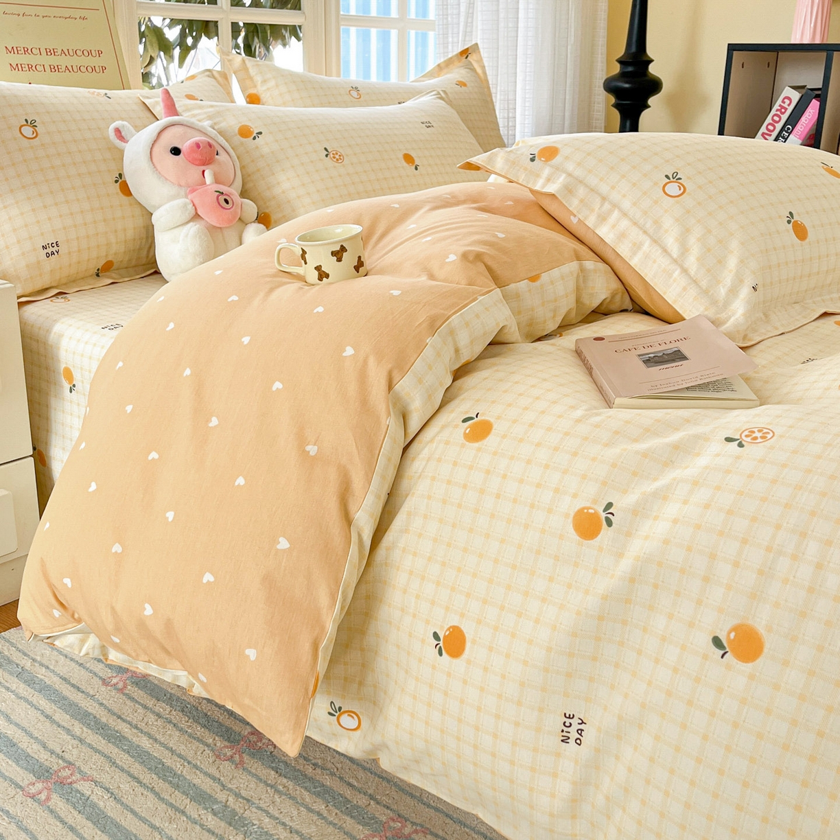 91家纺网 家纺一手货源 找家纺 铭成家纺 2026新款全棉印花小清新四件套（提供买家秀） 橘子格